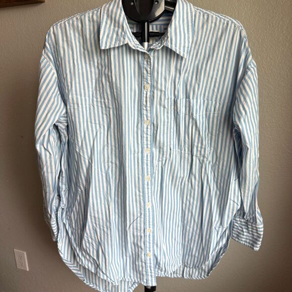 Maeve Anthropologie The Shrunken Bennet Button Down Shirt Striped Hi Low Large - Picture 2 of 5